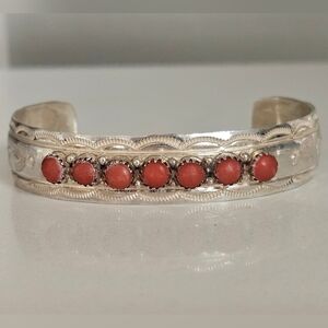 Vintage Native Navajo Designer E. Yazzie Sterling Silver Red Coral Cuff Bracelet
